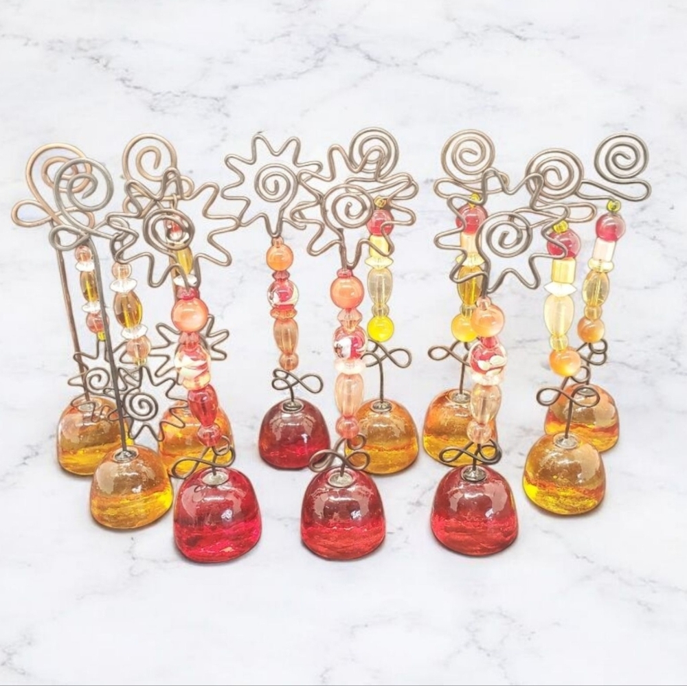Vintage Metal and Glass Bead Sun Swirl Place Card Holders